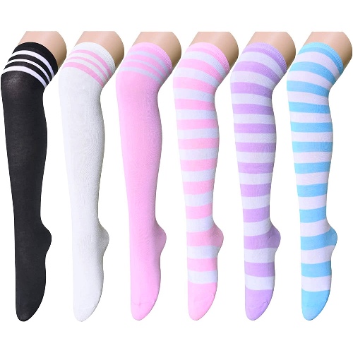 SOCKFUN 6 Pairs Women's Striped Knee High Socks,Thigh High Socks, Striped Stockings, Cute Long Socks - Knee-striped
