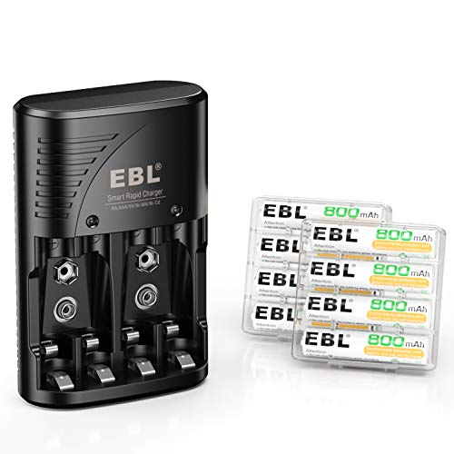 EBL Rechargeable AAA Batteries 800mAh (8 Packs) with Smart Rapid Battery Charger with AC Wall Plug for AA AAA 9V Ni-MH Ni-CD Rechargeable Batteries - 802 Charger + 8 AAA