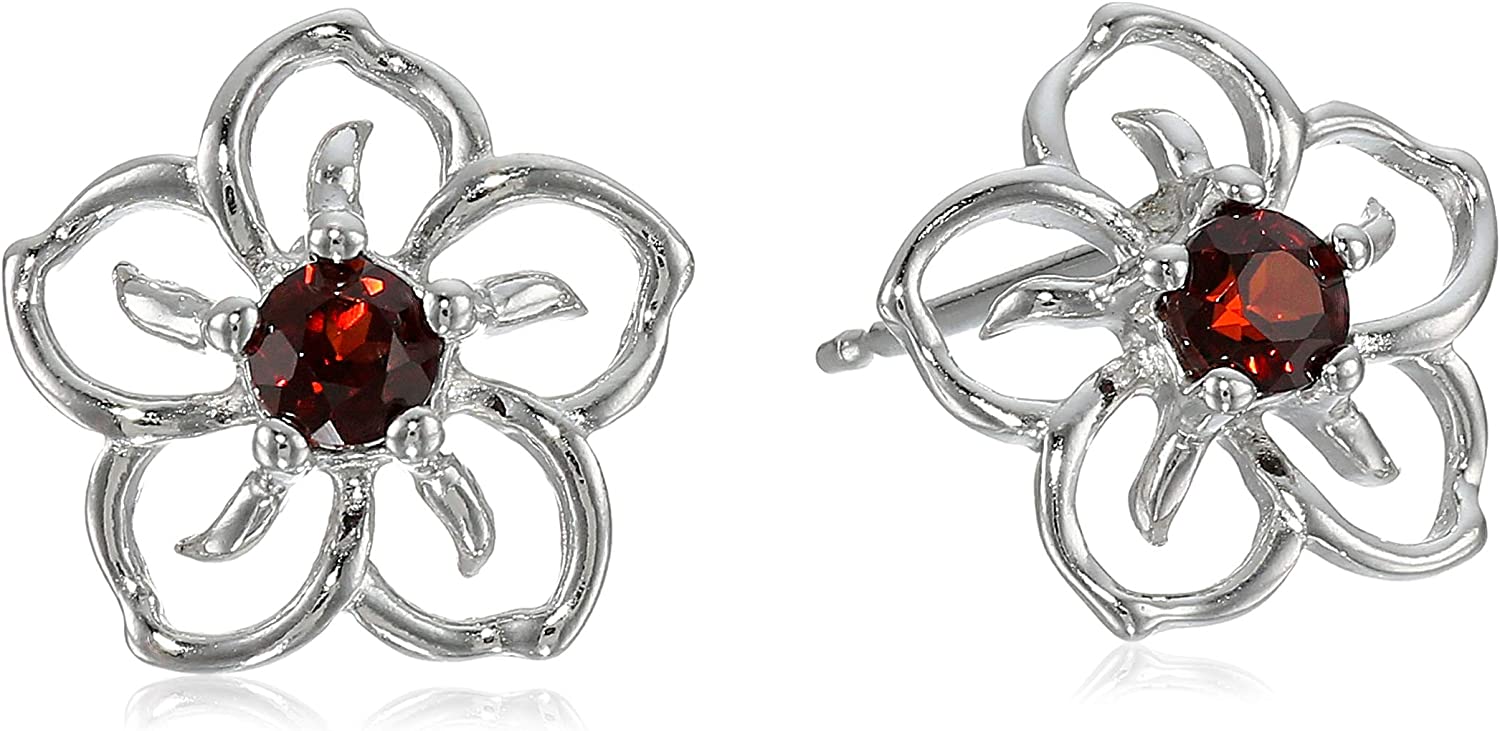 Amazon Collection Sterling Silver Sky Flower Stud Earrings - Red Garnet