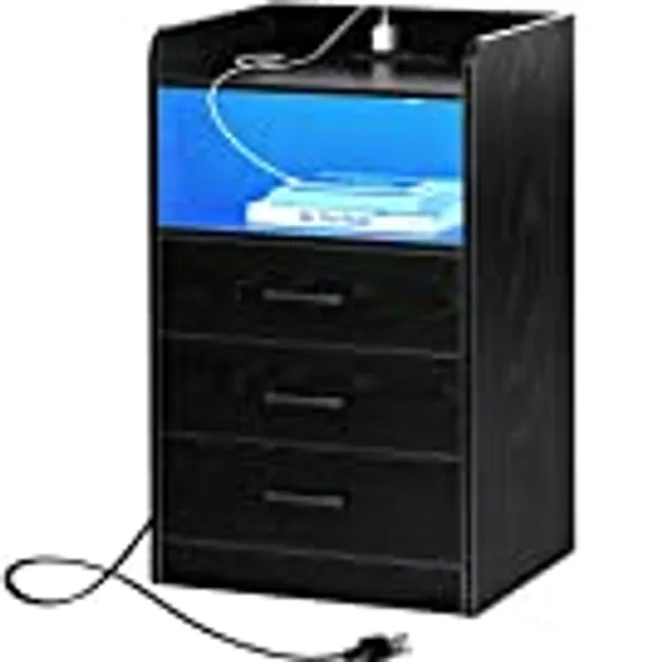 SUPERJARE Nightstand with LED Strip Lights and Charging Station - 3 Drawers Bedroom End Table, 2 USB Ports, 2 Outlets, Bed Side Table with Remote, Open Storage, Metal Handles - Black