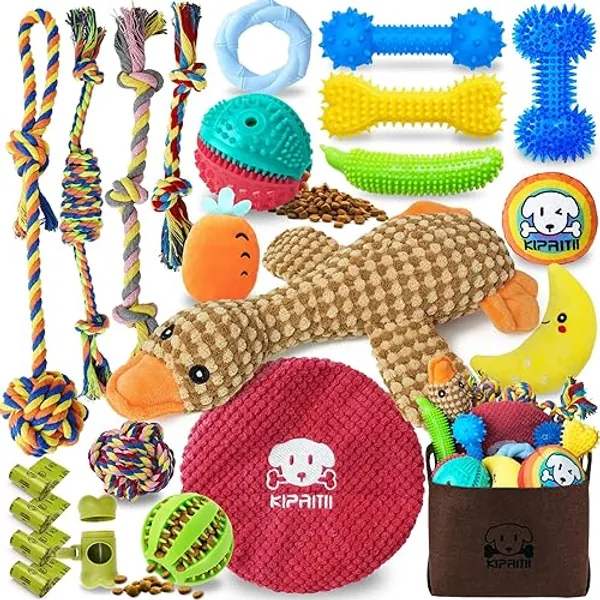 KIPRITII Puppy Teething Chew Toys -23 Pack Charming Puppy Toys Dog Chew Toys with Rope Toys, Dog Treat Balls & Dog Squeaky Toy for Puppy and Small Dogs