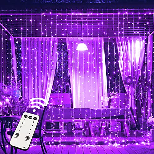 JMEXSUSS 300LED Purple Curtain Lights with Remote, Halloween Curtain Hanging Lights Plug in, 8 Modes Purple String Lights for Bedroom Window Wall Party Backdrop Halloween Decorations - Purple - 300 LED