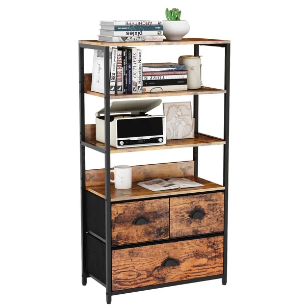 Furologee 4-Tier Storage Shelf Unit with 3 Drawers,Bookshelf Rack & Organizer Dresser,Storage Cabinet for Books, Photos, Decorations in Living Room, Office, Bedroom,Kitchen,Wood Top - Rustic Brown