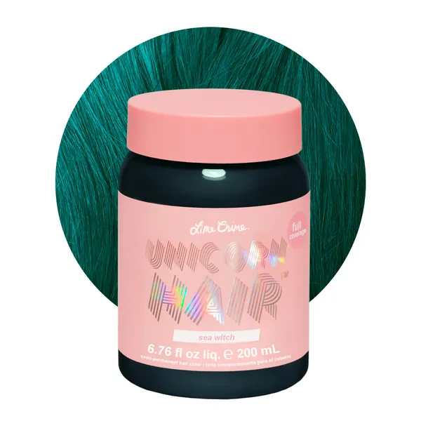 Lime Crime Unicorn Hair Dye Full Coverage, Sea Witch (Rich Teal) - Vegan and Cruelty Free Semi-Permanent Hair Color Conditions & Moisturizes - Temporary Green Hair Dye With Sugary Citrus Vanilla Scent - Sea Witch (Rich Teal)