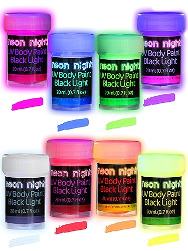Neon Nights UV Body Paint Set | Blacklight Glow Makeup Kit | Fluorescent Face Paints for Music Festivals, Photo Shoots, Nights Out - Easy to Use and Remove, Premium Quality, Vibrant Colors | 8 Colors - UV Body Paint