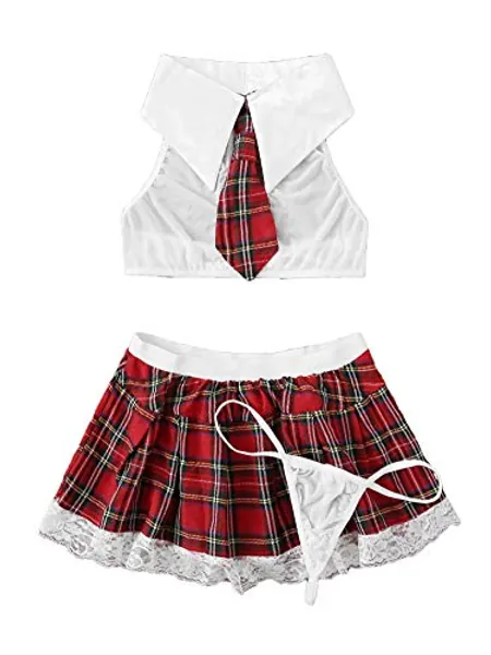 SweatyRocks Women's Costume Sexy Lingerie Set Cosplay Top and Plaid Skirt Outfit - Medium - White Red
