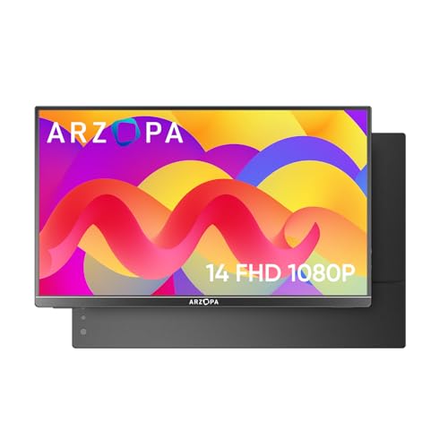 ARZOPA Portable Monitor, 14'' Ultra Slim Portable Laptop Monitor FHD 1080P External Display with Dual Speakers Second Screen for Laptop PC Phone Xbox PS4/5 Switch - A1 GAMUT Slim - 14.0" - Black