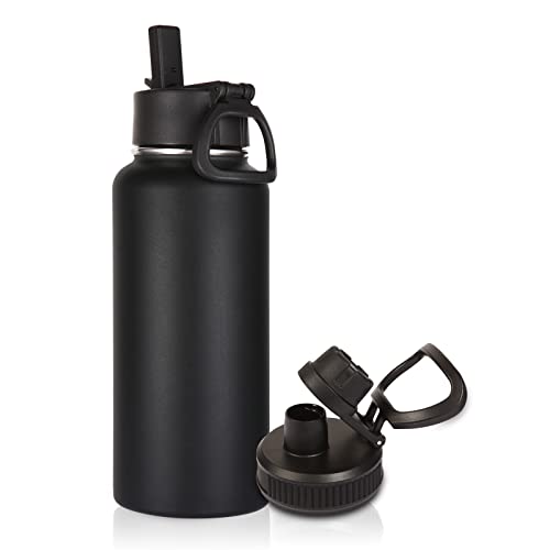 Volhoply 32 oz Insulated Water Bottle with Straw Lid and Spout Lid,Stainless Steel Sports Water Bottle,Double Wall Vacuum Thermos,Leakproof Metal Flask with Wide Mouth for Hiking,Camping(Black,1) - 1 - Black