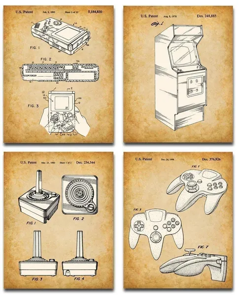 Original Video Games Patent Art Prints - Classic Gamer Room Decor, Teen Room Wall Art and Arcade Sign Poster, Vintage Gamer Gifts, Video Game Art Print, Set of 4 Art Set 11x14 Unframed Art Poster