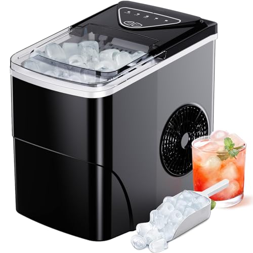 Silonn Ice Makers Countertop, 9 Cubes Ready in 6 Mins, 26lbs in 24Hrs, Self-Cleaning Ice Machine with Ice Scoop and Basket, 2 Sizes of Bullet Ice for Home Kitchen Office Bar Party, Black - Ice Makers - Black-transparent