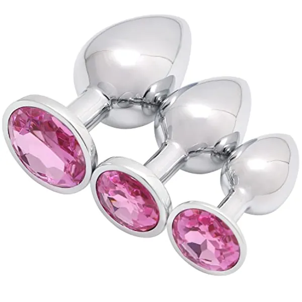 Akstore 3 Pcs Luxury Jewelry Design Fetish Stainless Steel Anal Butt Plug Fantasy Sex Restraints Bondage SM Large+Medium+Small Anal Stimulation Toy for Unisex Masturbation with Penis Condom(Pink)