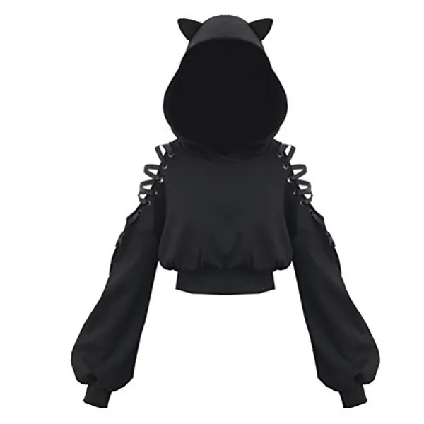 YEMOCILE Hoodies Long Sleeve Cute Ear Cat Off Shoulder Crop Top Pullover Sweatshirt