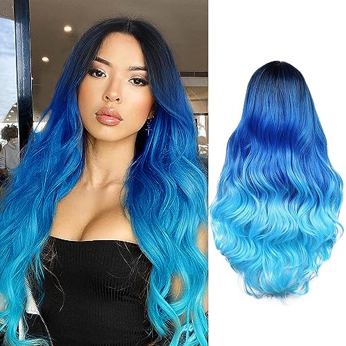 WIGER Long Blue Wavy Wigs for Women Ombre Blue Body Wave Mermaid Hair Wigs Long Curly Synthetic Hair for Daily or Cosplay - 1B/Blue/Light Blue