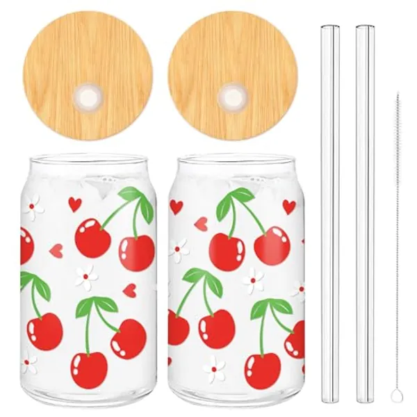 Whaline 2 Pack Cherry Iced Coffee Cup Red Cherry Flower Heart Drinking Glasses Cute Beer Can Glass with Lid Straw Cleaning Brush for Home Office Women Gifts,16oz - Cherry