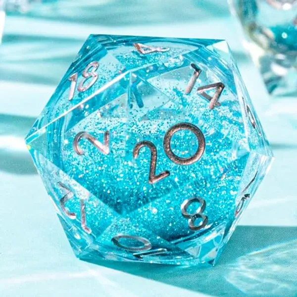 YEMEKO Single Liquid Core D20 Dice - 22mm, 20 Sided D&D Dice for Dungeons and Dragons, Rpg, Roleplaying Games Mtg Table Games, Handmade Polyhedral Dice with Resin Sharp Edge (Light Blue) - D20-liquid Teal