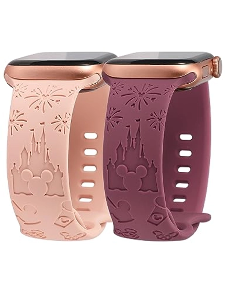 Girovo 2 Packs Cartoon Bands Compatible with Apple Watch Bands 38mm 40mm 41mm 44mm 45mm 42mm 49mm Girls Women, Soft Silicone Cute Engraved Strap for iWatch Series 9/8/7/6/5/4/3/2/1/SE/Ultra/Ultra2 - Pink & Smoke Violet - 41/40/38mm