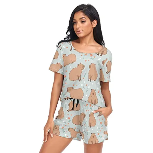 Selerdon Cherry Chocolate Cupcakes Pajamas Set Womens 2 Piece PJ Sets Soft Short Sleeve Loungewear Sleepwear Set - XX-Large - Multi-capybara Cute