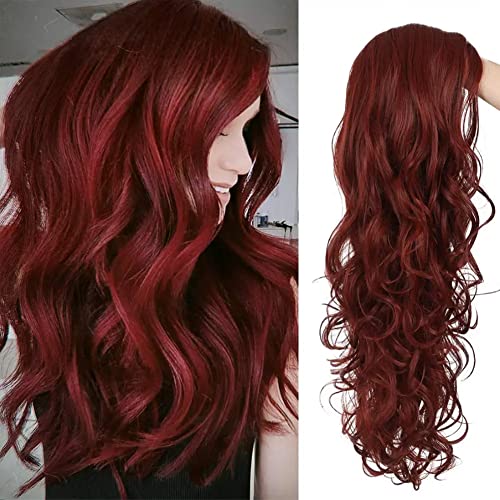 Kaneles Burgundy Curly Long Wigs for Women Wave Wig Wine Red Synthetic Wigs Middle Part Wigs Heat Resistant Fiber Halloween Cosplay Party Full Wigs(Wine Red) - Wine Red