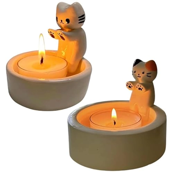 Candle Holder, 2024 New Cartoon Kitten Candle Holder, Cute Cartoon Candle Holder Kitty Warming Its Paws Cute Scented Light Holder, Gift for Girl Women, Cat Lover Choice Candle Holder Decor - White+multi