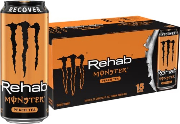 Monster Rehab Peach Tea + Energy, Energy Iced Tea, Energy Drink, 15.5 Ounce (Pack of 15) - Peach Tea