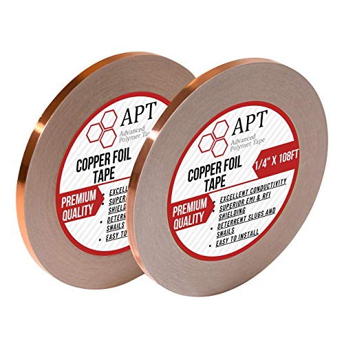 APT Copper Foil Tape with Conductive Adhesive (2 Rolls of 1/4"x 108ft) - Guitar EMI/RFI Shielding, Slug Snails Repellent, Stained Glass Arts & Crafts, Electrical Repairs, Solder, Grounding - Premium Copper Foil - 1/4"x 108 ft, 2 Rolls/Pack