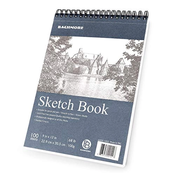Bachmore Sketchpad 9X12" Inch (68lb/100g), 100 Sheets of TOP Spiral Bound Sketch Book for Artist Pro & Amateurs | Marker Art, Colored Pencil, Charcoal for Sketching