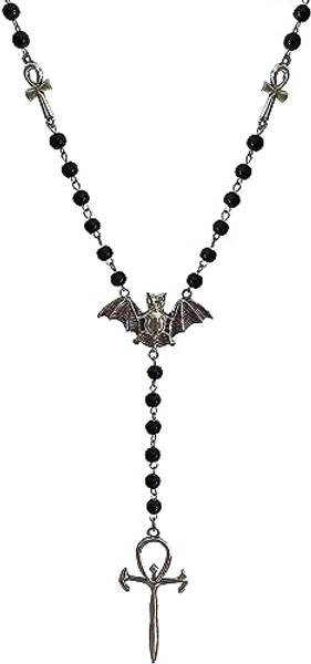 BENBIYO Ankh Cross Bat Necklace Religious Grunge Gothic Vampire Black Long Rosary Beaded Ancient Egyptian Necklace for Women