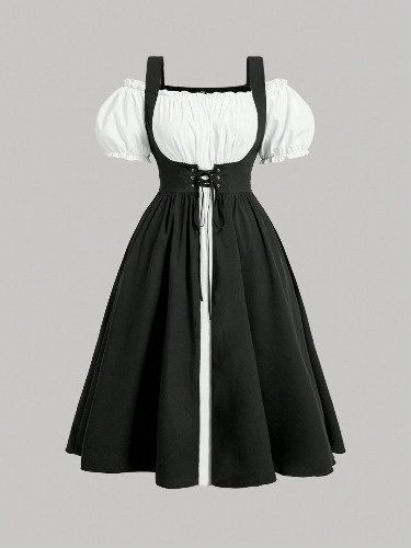 Sweetra Plus Size Summer Elegant Colorblock Off Shoulder Puff Sleeve Crossed Tie Waist Dress Maxi Women Outfit