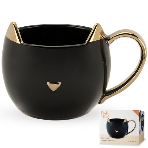 Pinky Up Chloe Ceramic Cat Tea Mug or Cat Coffee Mug - Cat Shaped Mug - Gifts for Cat Lovers - 12oz Black with Gold Details Set of 1 - Black Cat Mug