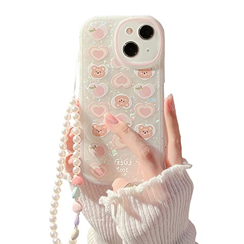 Fycyko Compatible with iPhone 15 Case with Chain,Cute Aesthetic Love Heart Bear Pattern Case with Pearl Phone Charm for iPhone 15 Women Girl Design,Camera Protective Phone Case - iPhone 15
