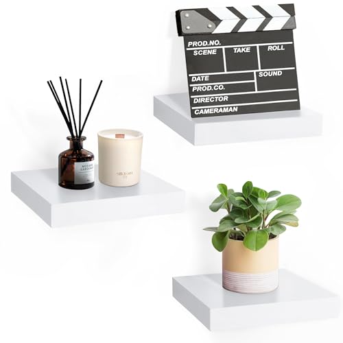 Sorbus Square Floating Shelf for Wall - 3 Small Shelves with Invisible Mounting Brackets for Living Room Decor, Bedroom, Bathroom Decor, Home & Kitchen - 9" White Wall Shelf to Display Photos Trophies - White - 3 Pack