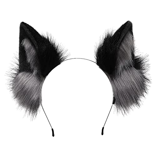 BNLIDES Handmade Fur Fox Wolf Cat Ears Headwear Women Men Cosplay Costume Party Cute Head Accessories for Halloween - Grey Black