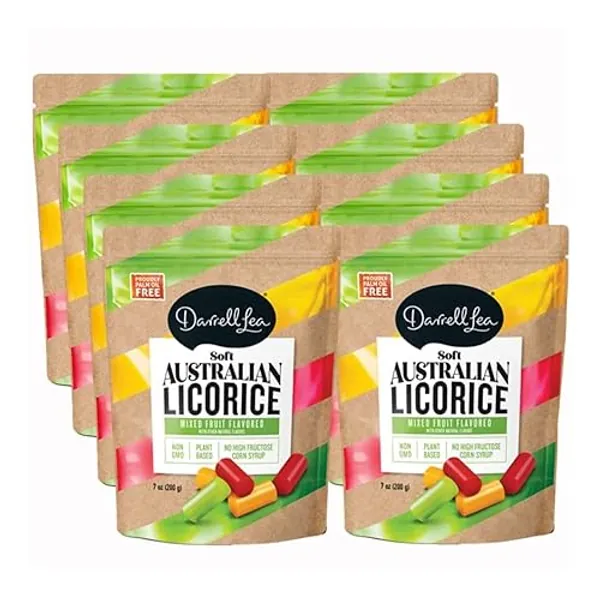 Darrell Lea Soft Australian Licorice, Mixed Fruit Flavor, 7 Ounce Bag (8-Pack) | Non-GMO, No Palm Oil, Plant Based, No High Fructose Corn Syrup | Christmas Candy, Holiday Licorice Soft & Chewy Licorice Candy, Made in Australia