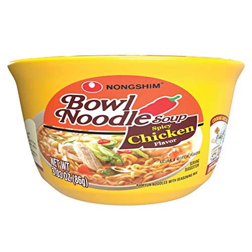 Nongshim Spicy Chicken Noodle Soup Instant Ramen, 12 Pack, Korean Microwaveable Bowl Soup Mix, Ramyun with Veggies, Sabor a Pollo - Spicy Chicken - 3.03 Ounce (Pack of 12)