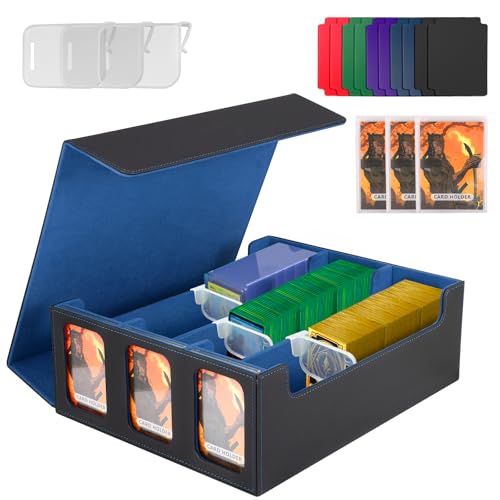 QCXWCJWD Card Deck Box for MTG Commander, 1800+ Trading Card Storage Box for Magic The Gathering, Trading Card Dividers with Viewing Windows for Magic/Pokemon/MTG Cards (Black Blue) - Blue
