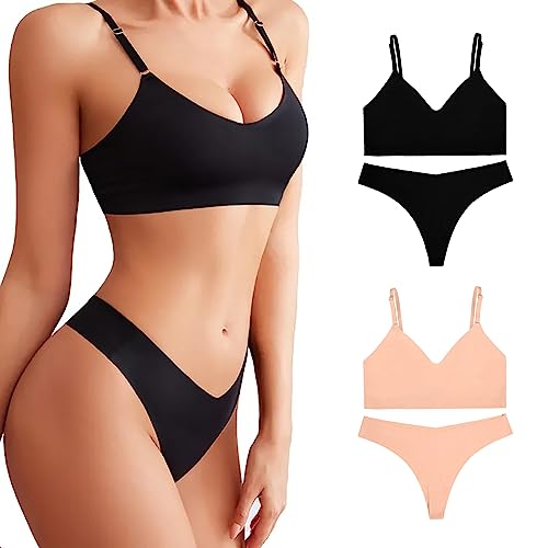 FGZ Bra and Panty Sets for Women Seamless Bralettes Lingerie Sexy Sets Comfortable Sports V Neck Bras Panty Thongs Sets - Large - Black&beige