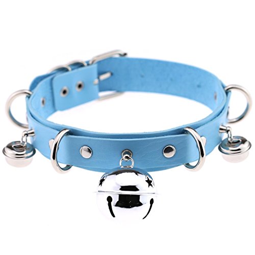 FM FM42 Multicolor PU Simulated Leather Black-tone Silver-tone 4cm Large Bell Rivets Neckband Choker Necklace - Silver-tone Bell & Blue