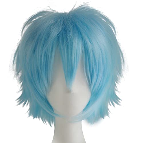 LABEAUTÉ Mens Light Blue Wig for Rei Cosplay Male Short Unisex Fluffy Heat Resistant Wig Hair with Bangs for Party and Halloween + Free Cap - Aqua Blue