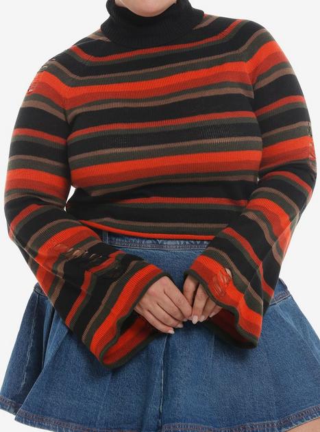 Sweet Society Orange & Brown Stripe Distressed Crop Girls Turtleneck Sweater Plus Size | Hot Topic
