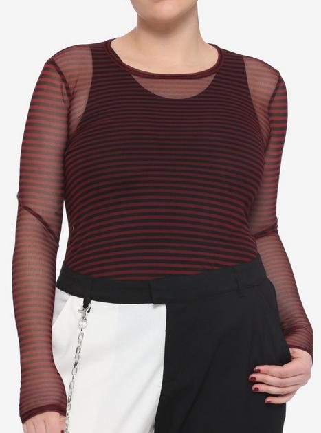 Black & Red Stripe Mesh Girls Long-Sleeve Top Plus Size | Hot Topic