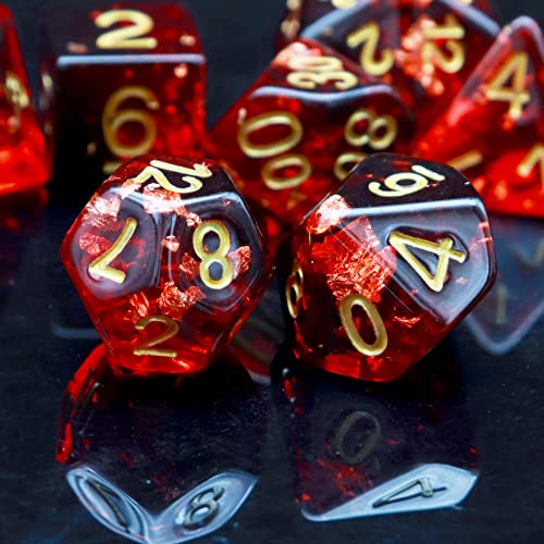 PJOY DND Dice Set 7PCS Pink and Blue D&D Polyhedral Dice with Velvet Dice Bag for Role Playing Dice Games as Dungeons and Dragons - Black Red Gold Flakes