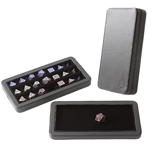 Forged Dice Co. Reliquary Standard Divided Dice Case with Dice Tray for Polyhedral Dice Sets - 21 Felt-Lined Chambers - Magnetic Lid Closure - Metal Dice Storage Box - Black