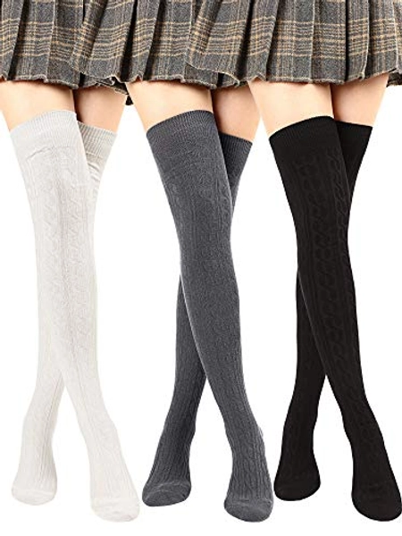 SATINIOR 3 Pairs Thigh High Socks Over Knee Socks Cotton Thigh High Knit Boot Stockings