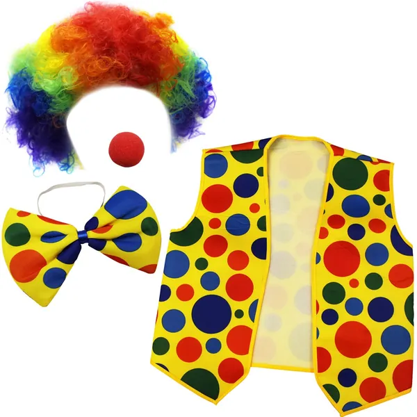 Clown Costume - Clown Nose Clown Wig Bow Tie and Vest - 4 Pc Clown Dress Up Accessories by Tigerdoe