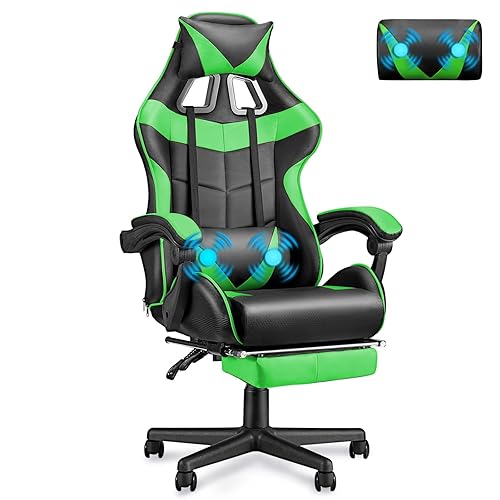 Soontrans Gaming Stuhl Massage, Gaming Sessel mit Fußstütze & Kopfstütze & Massage-Lendenkissen, Gepolsterte Armlehnen, Ergonomisch Gaming Stuhl für Gamer YouTube Livestreaming Xbox (Grün) - Grün