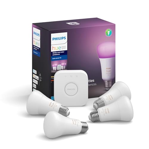 Philips Hue A19 LED Smart Bulb Starter Kit, 4 A19 Bulbs, 1 Hue Hub, Multi-color, 5 Piece Set - White and Color Ambiance (16 Million Colors) - 4 Count (Pack of 1) - Base Lumen (60W) - Kit