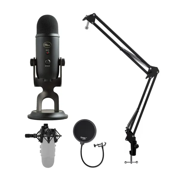 Blue Yeti Microphone (Blackout) with Knox Boom Arm Stand, Pop Filter and Shock Mount Bundle - Blackout