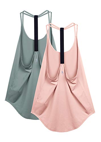 icyzone Workout Tank Tops for Women - Gym Yoga Shirts, T-Back Sport Running Tank Top, 2-Pack - L - Dusk Blue/Pale Blush
