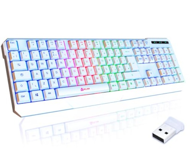 KLIM Chroma Wireless Keyboard UK Layout + Slim, Durable, Ergonomic, Quiet, Waterproof, Silent Keys + Backlit Wireless Gaming Keyboard For Laptop PC Gamer PS4 Mac + NEW 2024 VERSION + White - White