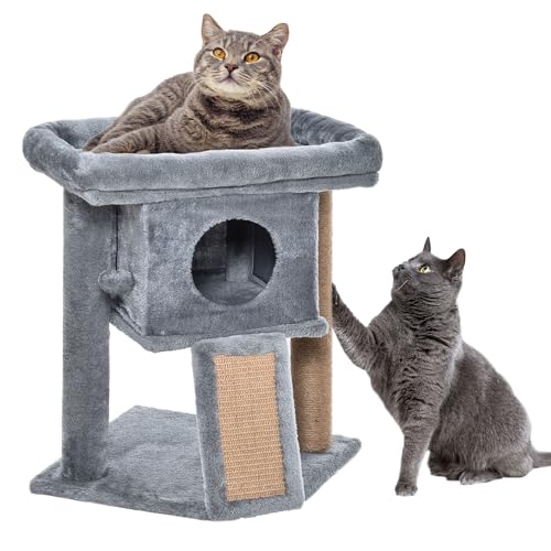 PawHut Cat Tree Tower for Indoor Cats Cat Scratching Post Climbing Activity Centre w/Jute Scratching Pad, Toy Ball, Cat House - Grey - Grey